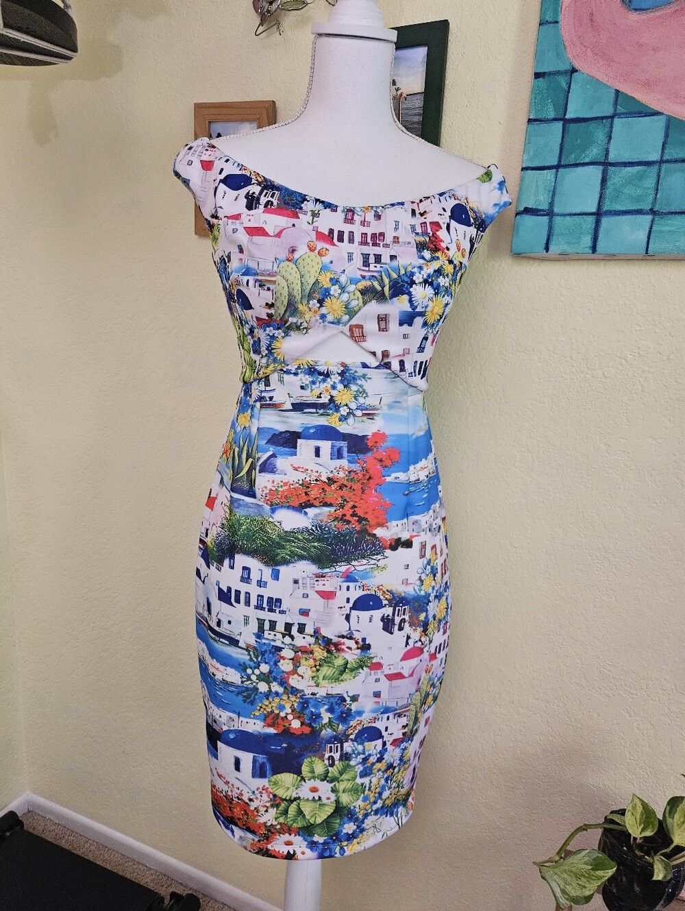 Boston Proper White Multicolor Coastal Print Off-Shoulder Midi Dress Sz 2
